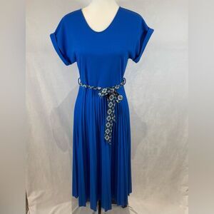 Elizabeth & Nicole royal blue belted pleated skirt flowy midi dress size medium